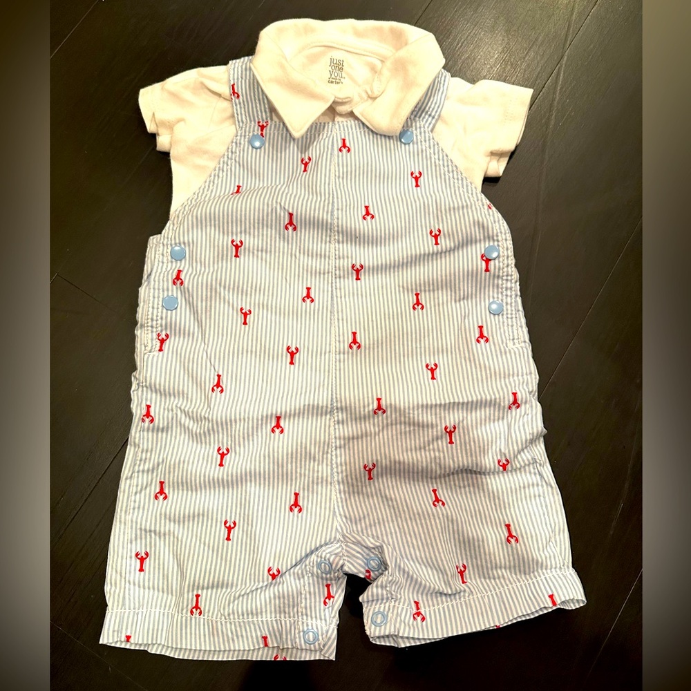 Size 12 months short overalls and collared onesie set. Adorable lobster print